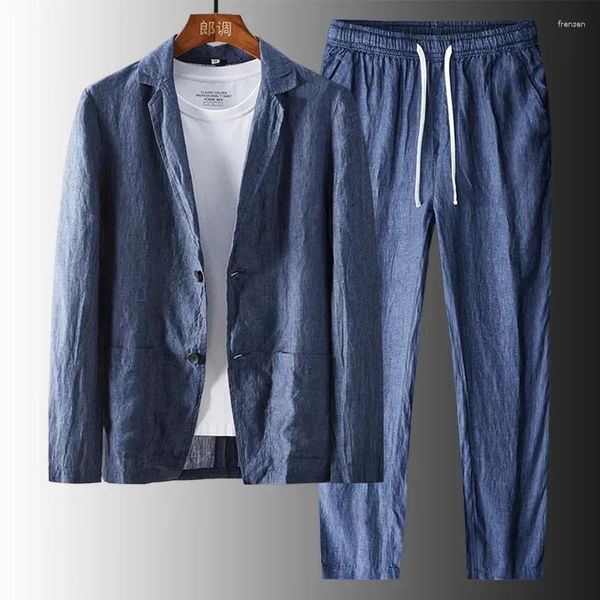 Abiti da uomo Abito in lino pregiato Set casual di 2 pezzi Giacca Pantaloni di alta qualità Primavera/estate