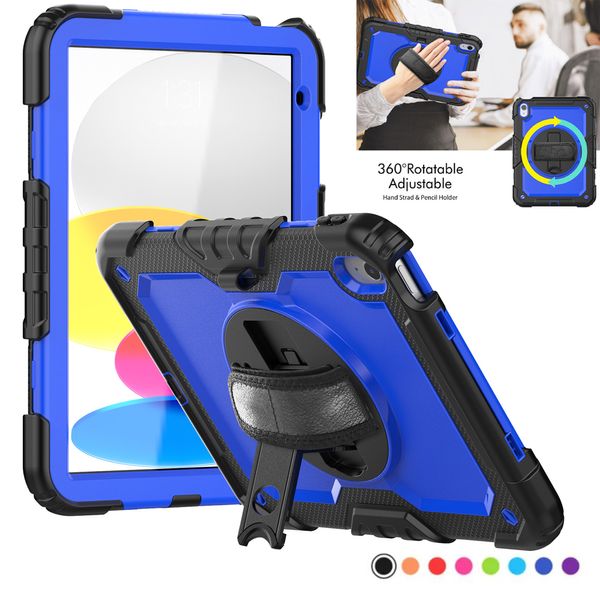 Capa para tablet com alça de mão com rotação de 360 ° para iPad 10ª geração de 10,9 polegadas, resistente, resistente, segura para crianças, capa de silicone à prova de choque com tela, película PET + alça de ombro