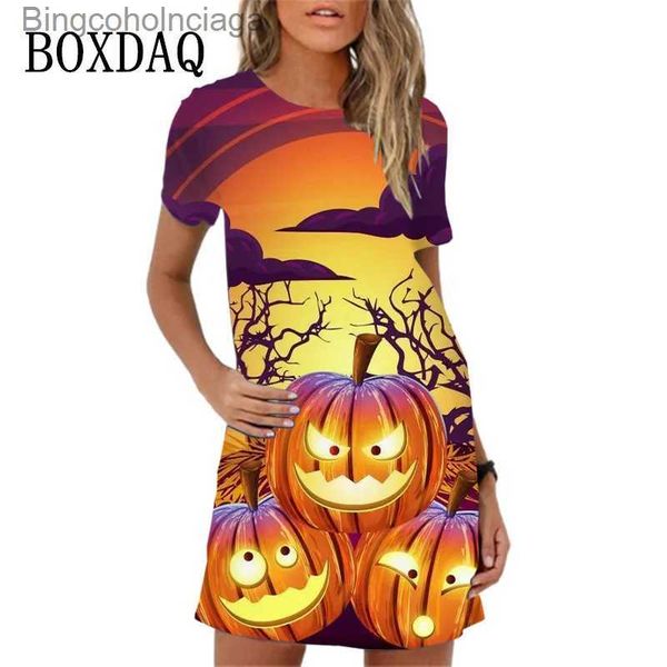 Tema Traje Moda Abóbora Impressão Digital Casual Mulheres Vestido Engraçado Bonito 3D Gato Manga Curta O-pescoço Solto Mini Vestido Mulheres Halloween ComesL231013