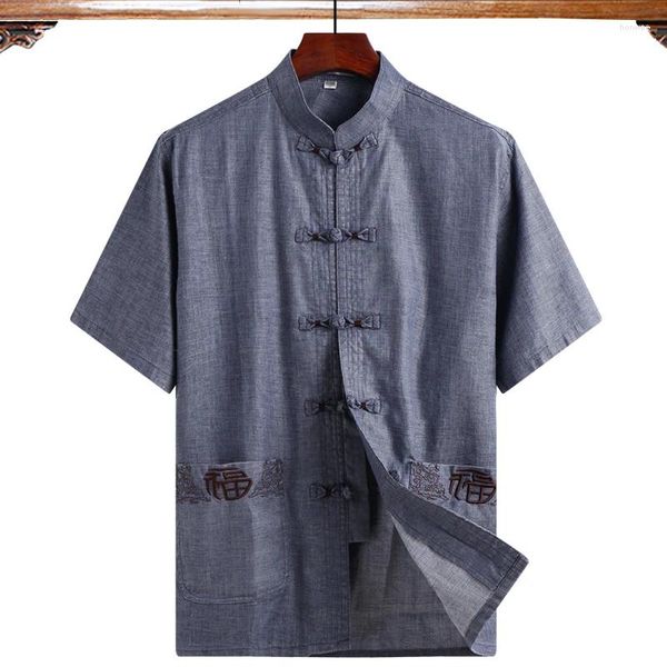 Homens camisetas Manga Curta Bordado Chinês Tradicional Homens Camisa de Algodão Linho Wu Shu Uniformtai Chi Blusa T-shirts para Masculino