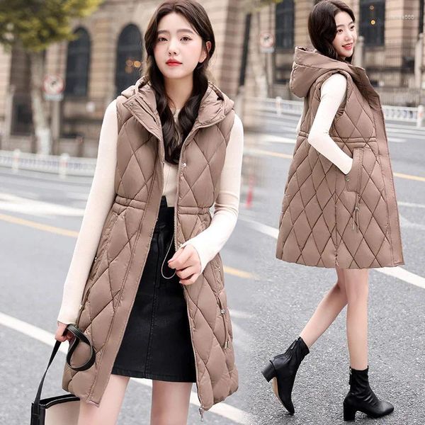 Damenwesten Mode 2023 Herbst Winter Lange Baumwollweste Frauenjacke Koreanische Kapuzenärmelmantel Femme Schlanke warme Damenweste