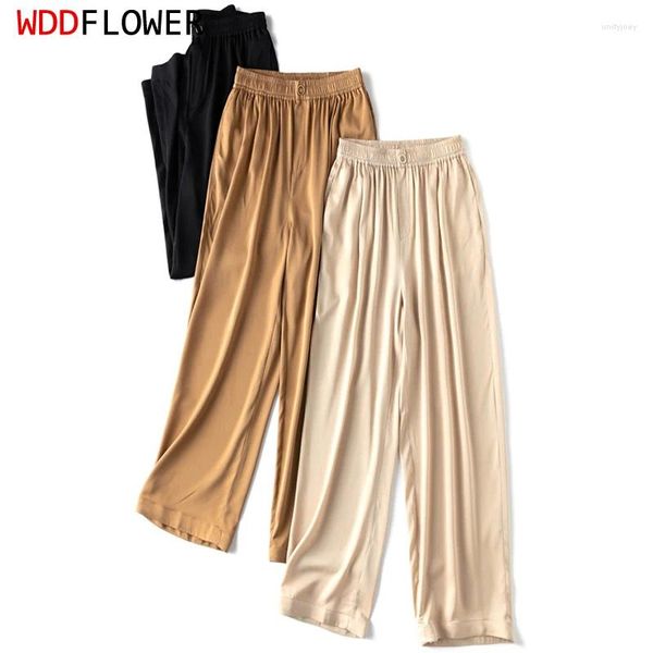 Pantaloni da donna Donna Seta Lunga 93% Gelso 7% Spandex Tinta unita Nero Champagne Tasca Moda Pantaloni Vita elastica MM985