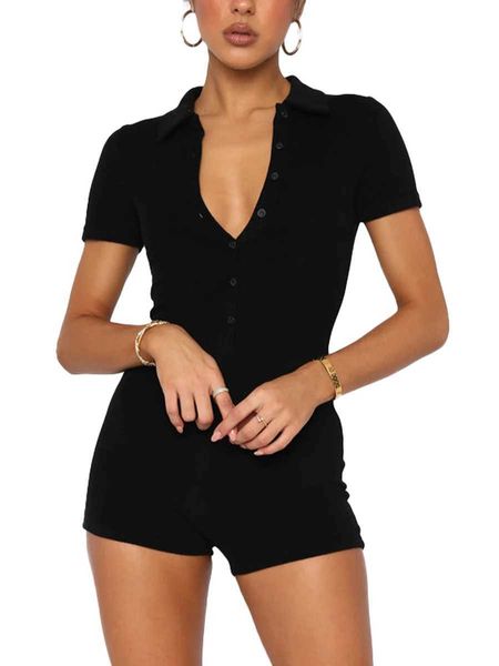 Macacões femininos macacão feminino confortável e casual manga curta macacão moda magro ajuste cor sólida lapela botão cintura alta playsuit