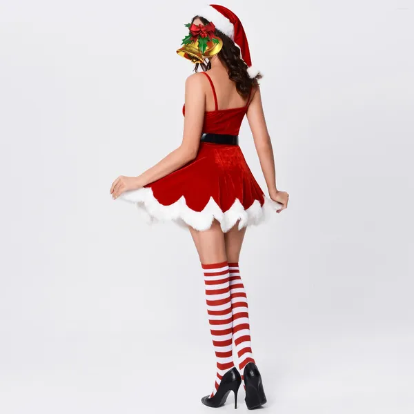 Lässige Kleider Weihnachten 3-teiliges Set Damen Rotes Minikleid mit Gürtelhut Flauschige Pompons Retro-Weihnachtsmann-Kleidung Festival-Stil Urlaubsanzug