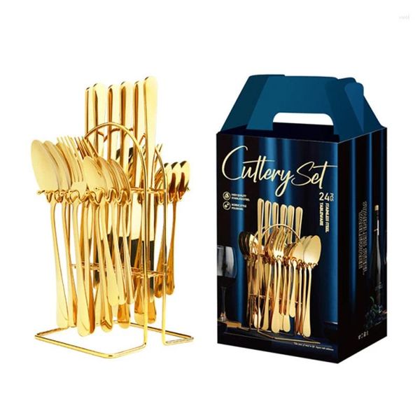 Set di stoviglie 24 pezzi / set Set di posate in oro Set di posate in acciaio inossidabile Coltello forchetta cucchiaio Accessori per la cucina per feste di nozze