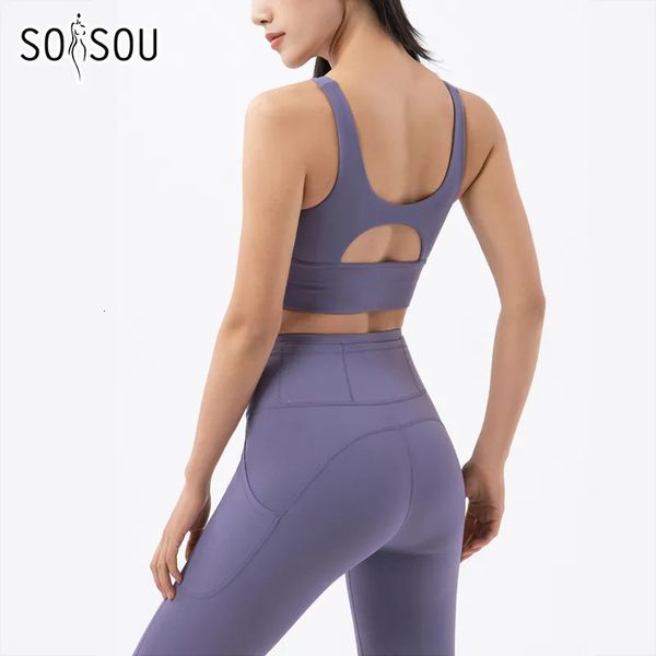 Yoga-Outfit SOISOU Damen-Trainingsanzug-Set Fitness-Sportbekleidung Stretch Weicher Sportanzug Turnhallenkleidung BH-Taschen-Leggings 231012