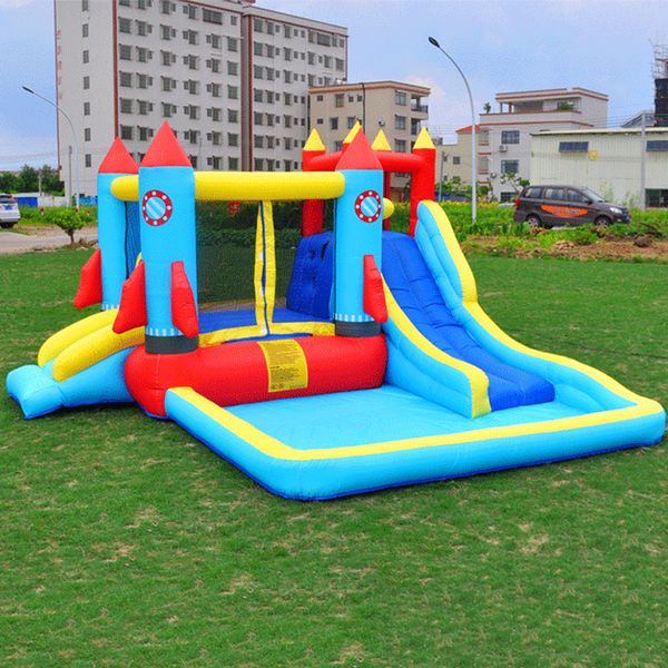 Bounce House com soprador Kids Bouncer com slide Inflável Slide Escalada na parede Área de salto Ball Pit Rocket Jumping Castle Bouncy House para crianças festa de aniversário