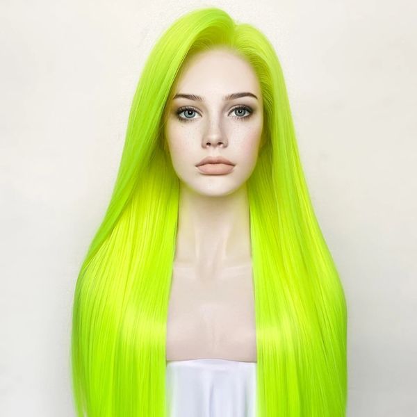 26Inches Long Light Green Blonde Synthetic 13x4 Lace Front Wigs with Baby Hair Glueless 180Density Silky Straight Lace Wigs