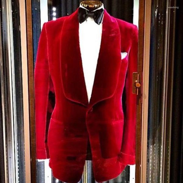 Abiti da uomo Velluto rosso Uomo con pantaloni neri Scialle Risvolto Smoking dello sposo per matrimonio Moda personalizzata Blazer 2 pezzi (Giacca pantaloni)