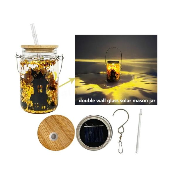 Warehouse Halloween-Weihnachtsdekorationsgeschenke, vorgedilltes, doppelwandiges Einmachglas aus Glas mit Solarlicht, Schneekugel und Solarleuchten, Bambusdeckel und Strohhalm