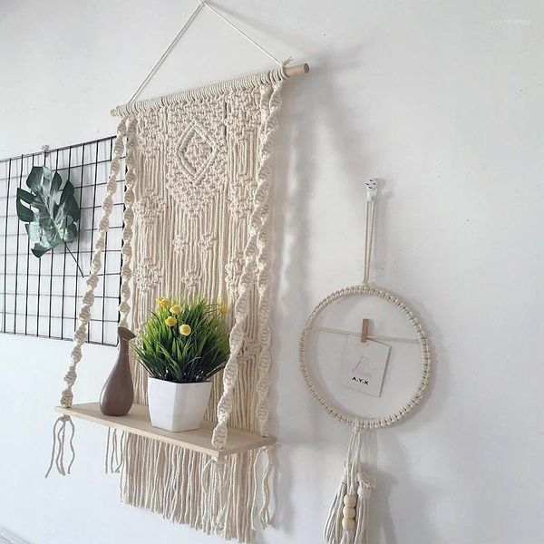 Tapeçarias Macrame Tapeçaria Parede com Planta Livro Armazenamento Pendurado Prateleira de Madeira Sala de estar Decoração de Quarto de Casa