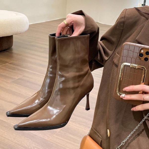 Sapatos de vestido 2023 moda sexy outono inverno mulheres tornozelo botas apontadas toe botas curtas festas finas salto alto luxo