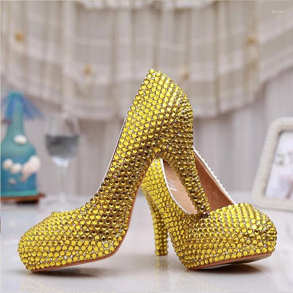 Scarpe eleganti fatte a mano da donna sexy con strass dorati con plateau e scarpe da sposa con tacco alto, damigella d'onore, feste da ballo