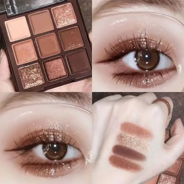 Sombra de olho 9 cores paleta de sombra de chocolate rosa rosa terra leite chá glitter maquiagem duradoura conjunto cosmético coreano 231012