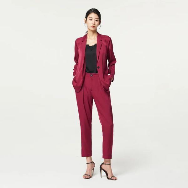 Kadınlar iki parçalı pantolon Birdsky 1 adet kadın uzun kollu blazer üst pantolon takım takım elbise ofis bayan 23mm 93% dut ipek% 7 spandeks düz renk. S-335 231013