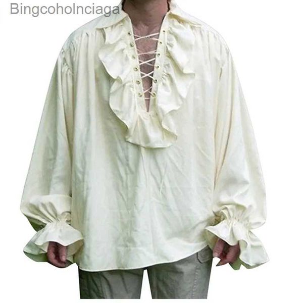 Tema traje masculino pirata camisa medieval babados manga longa rendas até renascentista vitoriano viking steampunk camisa halloween cosplay comel231013