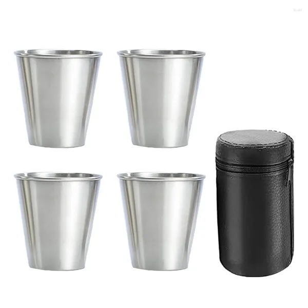 Tigelas de aço inoxidável S copos conjunto de 4 óculos de metal empilhável hip flask pequeno com bolsa de couro para exterior