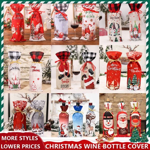 Nuevas decoraciones navideñas, juego de botellas de vino navideñas con estampado plano de dibujos animados, bolsa para botellas de vino, accesorios de decoración para mesa de comedor