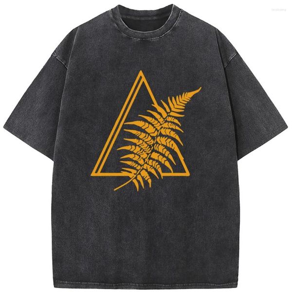 Herren-T-Shirts, geometrisches Gold-Dreieck-Pflanze-Que-Kurzarmshirt, modisch, lässig, gewaschenes T-Shirt, Vintage-Sommer, Baumwolle, Bleichmittel