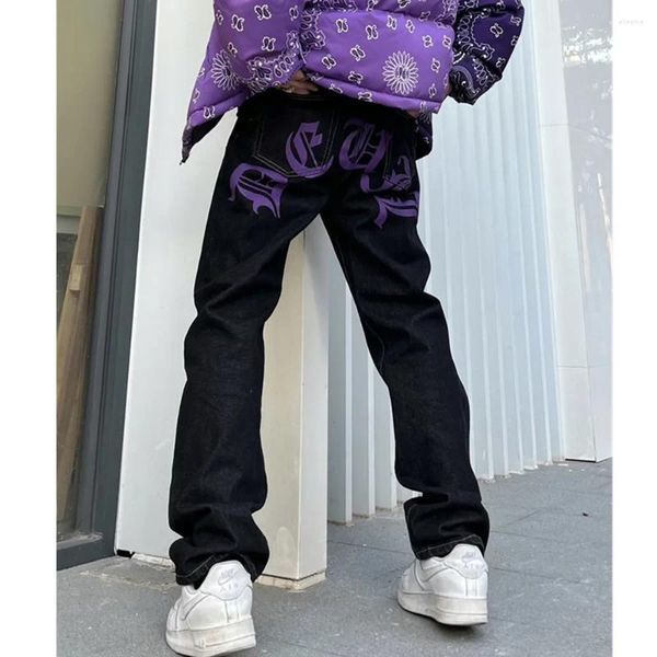 Herren Jeans Lila Y2k Cashew Blumen Hip Hop Streetwear Stylische Hosen Mann Kleidung Baggy Hose Schwarz Bedruckt Punk Straight