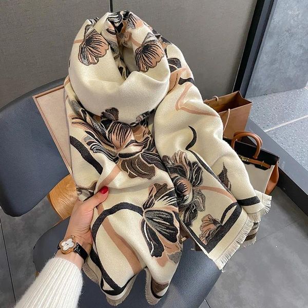 Lenços 2023 Floral Cashmere Cachecol Mulheres Design Inverno Cobertor Quente Grosso Lenço Bandana Feminino Pashmina Xaile Envoltório Bufanda Poncho