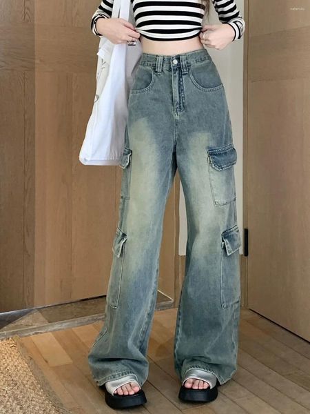Jeans femininos 2023 moda feminina perna larga lazer fino baggy reto denim calça y2k calças de cintura alta vintage streetwear coreano h371