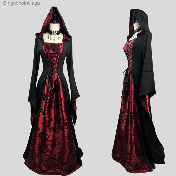 Costume a tema Nero Rosso Abito lungo Halloween Carnevale Festa Cosplay Mantello Vampiro Gioco di ruolo Come Ball Wizards Donna Colletto quadrato con cappuccioL231013