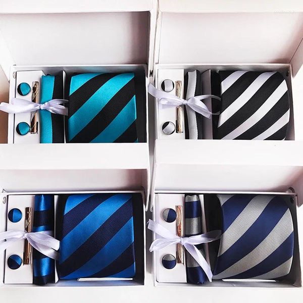 Gravatas borboletas 6 peças conjunto elegante listra impressão casamento para homens lenço quadrado abotoaduras clipe de gravata bussiness gravata preta caixa de presente