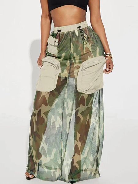 Röcke KLALIEN Mesh Camouflage Rock Frauen Mode Sexy Durchsichtig Tasche Nähte Elastische Kordelzug Streetwear Cargo Lange