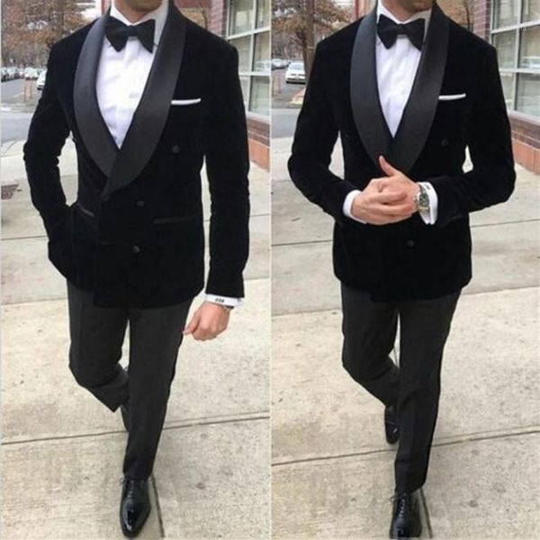 Ternos masculinos blazers preto veludo baile homens para casamento xale lapela plus size noivo smoking 2 peça jaqueta de fumo fino ajuste te248q