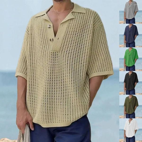 T-shirt da uomo Maglione lavorato a maglia con risvolto allentato Y2k Top Tinta unita Moda Camicia casual Maglia Top Design Polo Camicetta Pullover Streetwear