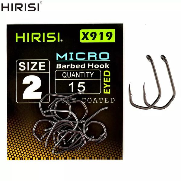 Ganchos de pesca Hirisi 15 pcs PTFE revestido de aço de alto carbono gancho de peixe micro farpado com olho carpa gancho de pesca acessórios x919 231013