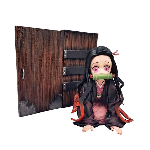 Costumi mascotte 9 cm Figura anime Demone Slayer Kamado Nezuko Forma del bambino Posa in ginocchio con scatola Modello Bambole Giocattolo Regalo Raccogli materiale in PVC in scatola