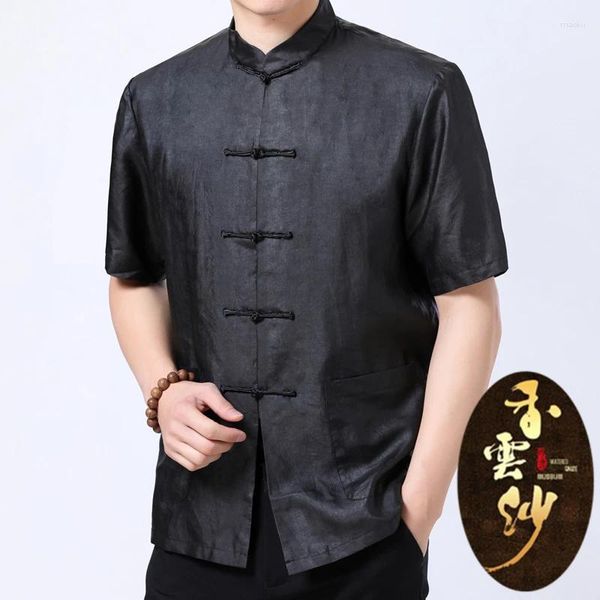 Camisas casuais masculinas Mulberry Silk Set Standing Collar Camisa de manga curta estilo cetim lapela roupas reais