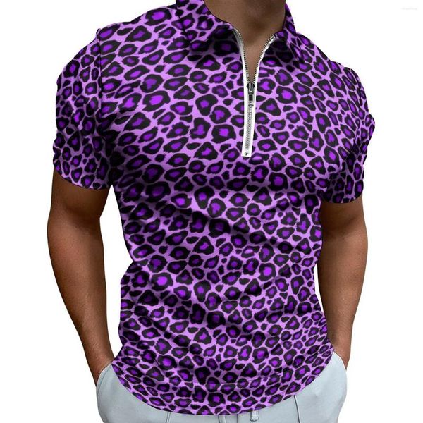 Polos masculinos roxo leopardo polo camisas masculinas estampa animal camisa casual praia estilo rua zíper t-shirts de manga curta gráfico oversized tops