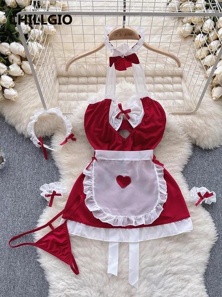 Lässige Kleider CHILLGIO Frauen Süße Pyjamas Anzüge Mode Erotische Dienstmädchenuniform Cosplay Kostüm Nachthemden Nachtwäsche 5 Stück Sexy Kleid Set