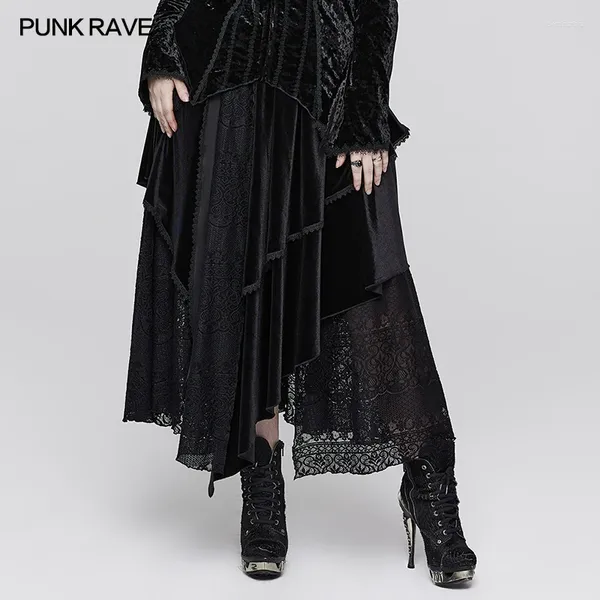 Röcke PUNK RAVE Damen Gothic Mehrteiliger asymmetrischer plissierter Lagenrock Samt und Spitze Party Club Schwarz Lang für Frauen