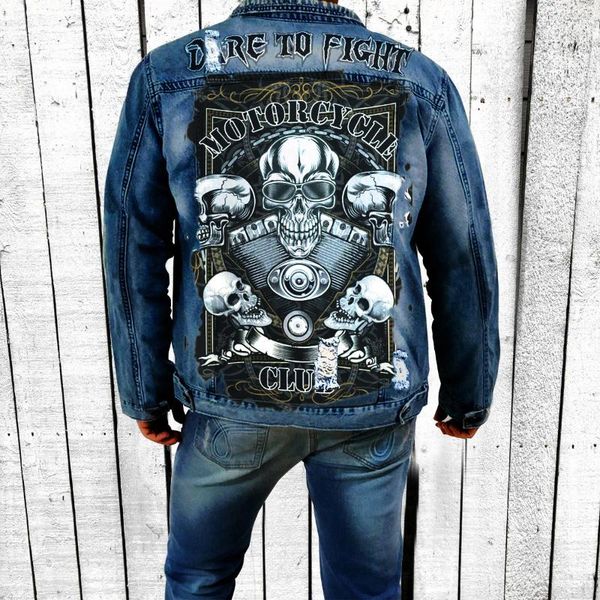 Herrenjacken Denim Jacketmens Herbst und Winter Verkauf Straße Retro mechanische Schädel Muster Druck Loch Reiten Motorrad