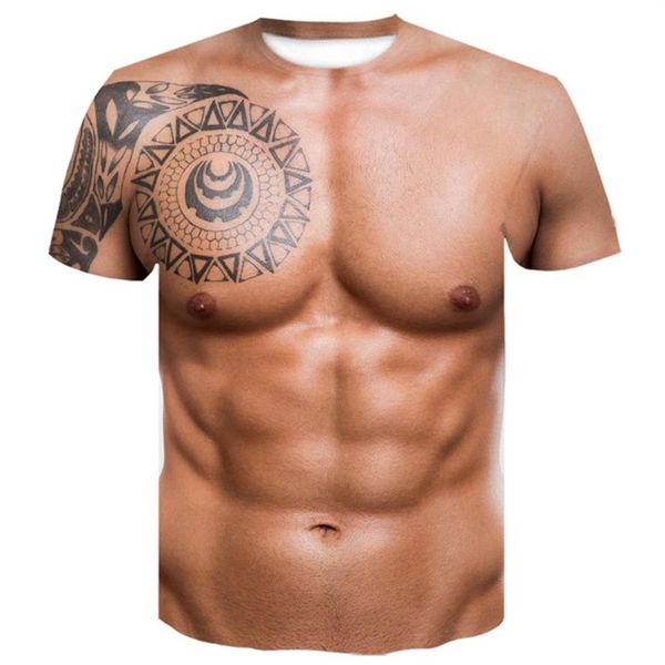 Per uomo 3D T-shirt Bodybuilding simulato muscolo tatuaggio maglietta casual pelle nuda muscolo torace maglietta divertente manica corta O-collo260z