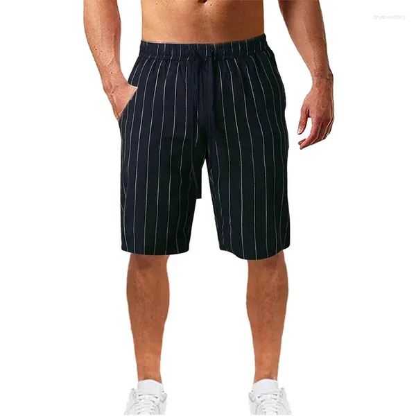 Pantaloncini da uomo da uomo con coulisse a righe in cotone e lino casual vita media elastica da corsa spiaggia polpaccio costumi da bagno estivi costume da bagno