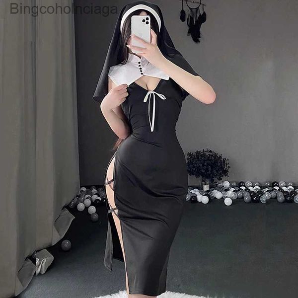 Tema Kostüm Seksi Rahibe Cosplay Cadılar Bayramı Kız Gel Kaii Erotik Giyim Yeni Anime Goth Rolplay Giyim Kadın Vintage Yüksek Slit Elbise Takım