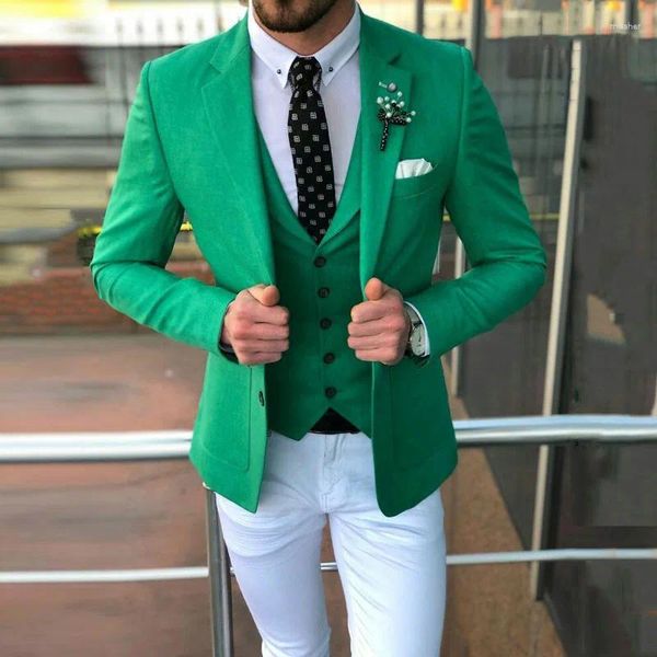 Ternos masculinos feitos sob encomenda, calças brancas, azul real, para casamento, homem verde, blazers de negócios, noivo, terno masculino, 3 peças