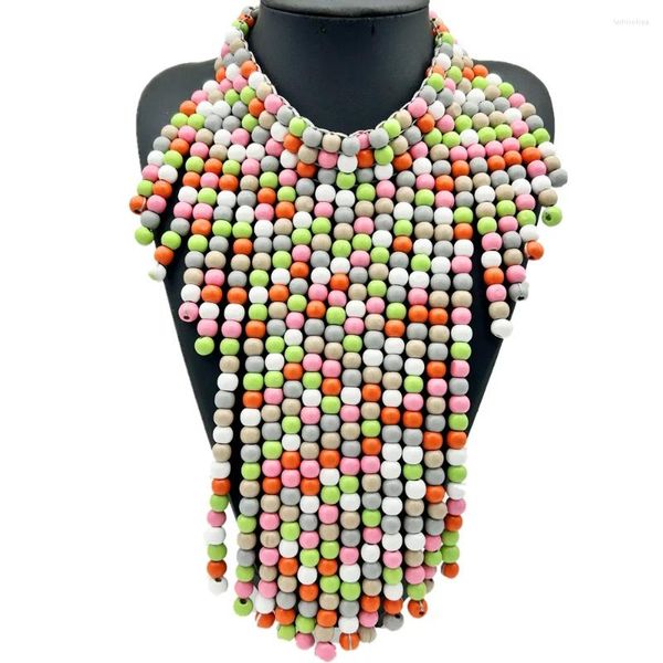 Colares de pingente africano exagerado acessórios de jóias femininas vintage colorido artesanal contas de madeira longa borla pingentes gargantilha