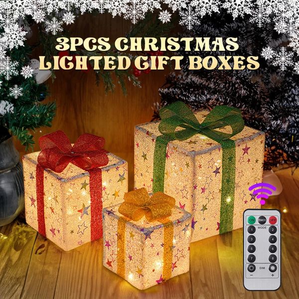 Weihnachtsdekoration, 3 Stück, 8 Modi, beleuchtete Weihnachtsdekoration für den Außenbereich, leuchtende Weihnachtsgeschenkbox mit Schleife für den Weihnachtsbaum, Zuhause, Hof, Dekoration 231012