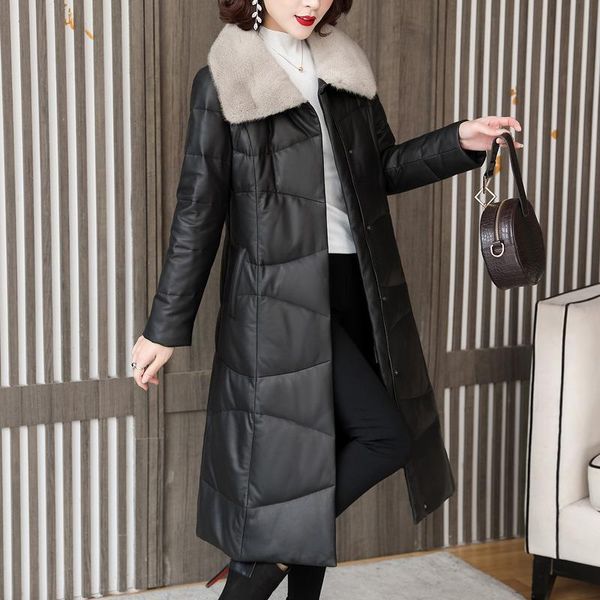 Winter new cotton leather leather down jacket female medium long mink hair collar slim skinny skin tide