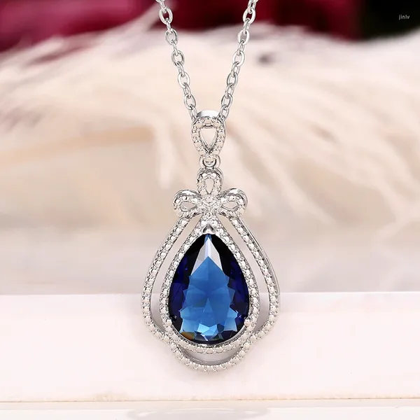 Colares Pingente Huitan Nobre Pêra Azul Cubic Zirconia Colar Mulheres Elegante Acessórios de Pescoço Para Festa de Casamento Declaração Jóias