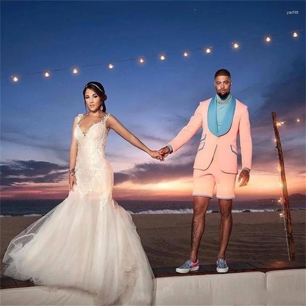 Erkek takım elbise iki parçalı pembe erkek yaz zirvesi yaka gürültücü giymek ceket pantolon özel yapım balo elbise damat smokin düğün takım elbise