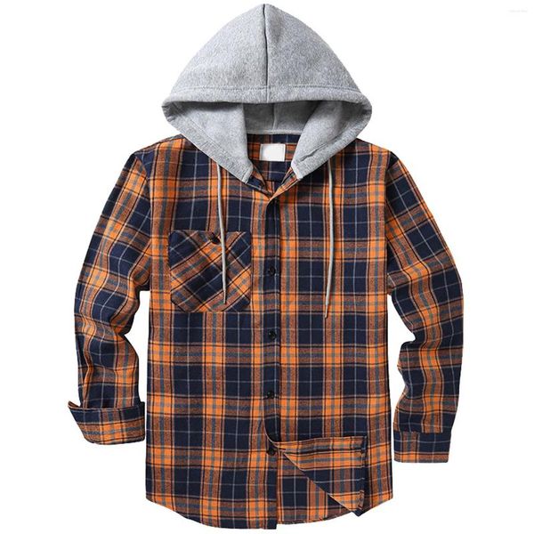 Camicie casual da uomo Manica lunga da uomo Inizio autunno Top Camicia da uomo in flanella calda con cappuccio Camicetta scozzese abbottonata slim con taschino sul petto