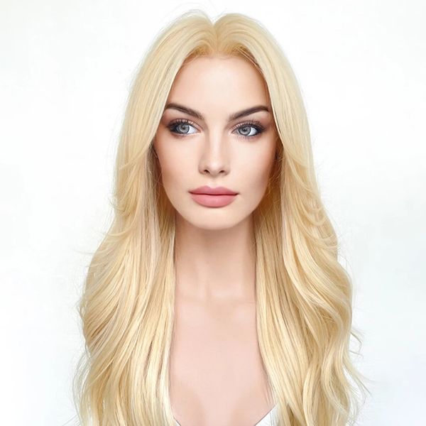 Perucas de cabelo sintético frontal de renda transparente para mulheres brancas sem cola 180 densidade luz loira ondulada 13x4 perucas dianteiras de renda cabelo de bebê