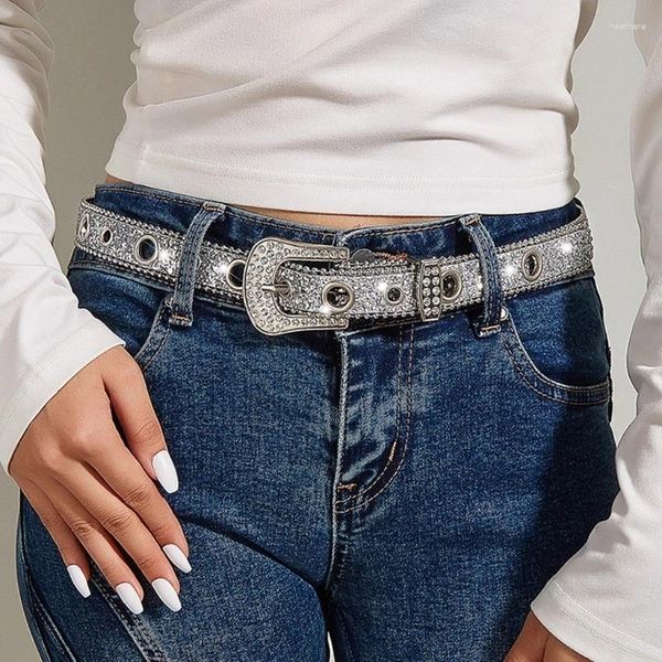 Cintos Mulheres Moda Cor Prata Espumante Strass Completo Acessórios Cowgirl Ocidental Requintado PU Couro Cintura Jeans Cinto